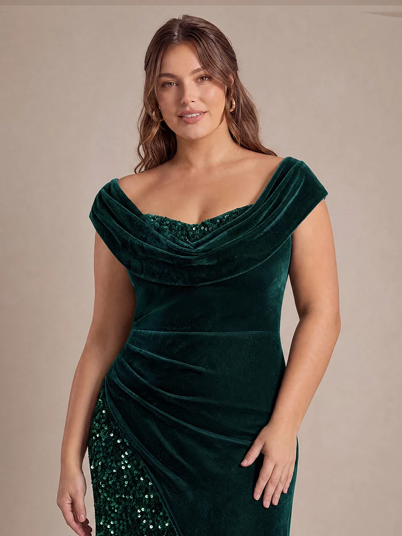 Robe de soirée longue en velours à sequins, fendue et drapée