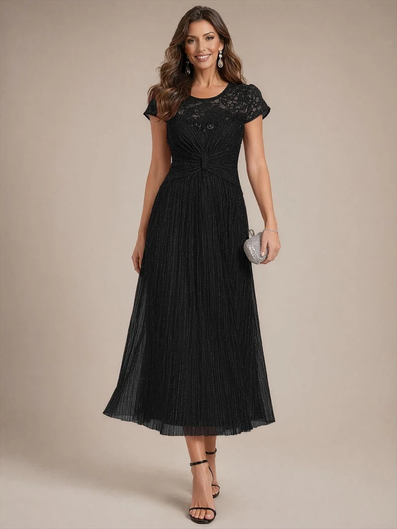Robe midi en tulle à sequins pour invitée de mariage, à manches courtes