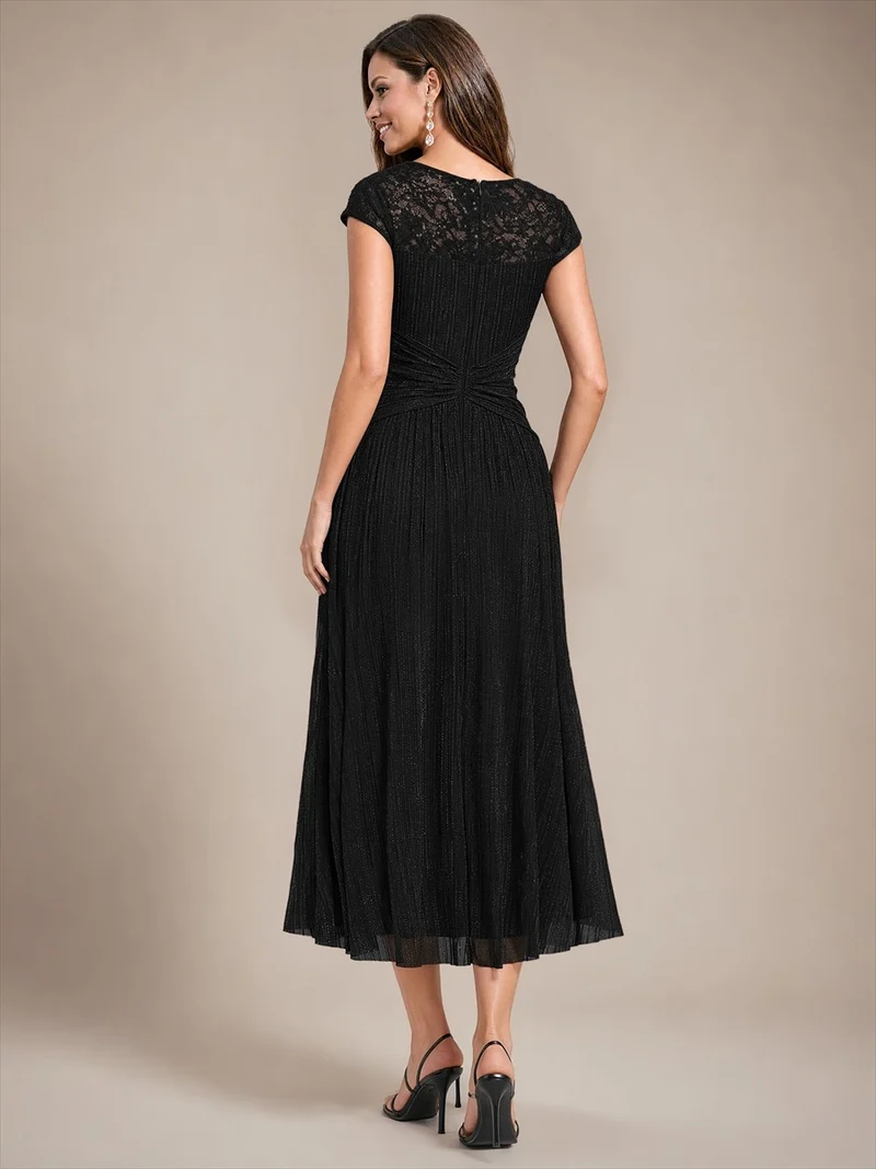 Robe midi en tulle à sequins pour invitée de mariage, à manches courtes