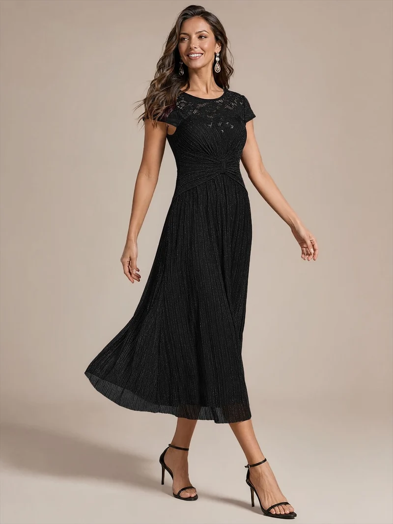 Robe midi en tulle à sequins pour invitée de mariage, à manches courtes
