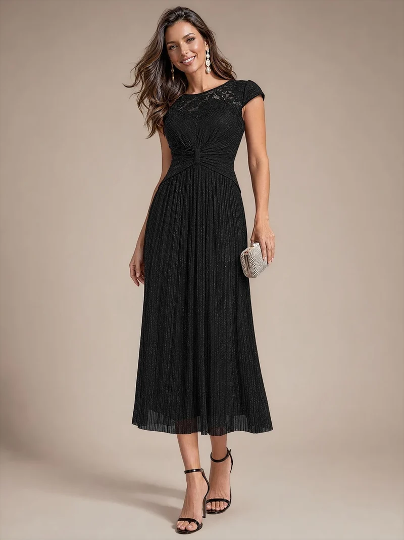 Robe midi en tulle à sequins pour invitée de mariage, à manches courtes
