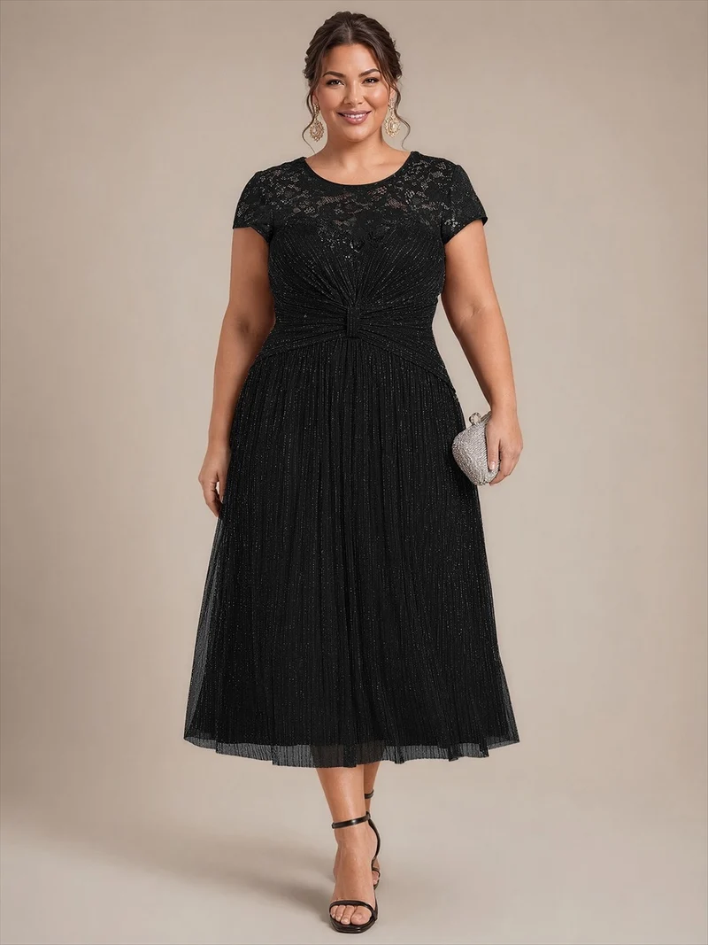 Robe midi en tulle à sequins pour invitée de mariage, à manches courtes