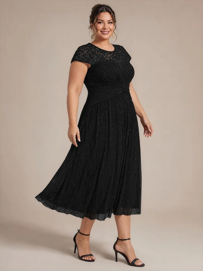 Robe midi en tulle à sequins pour invitée de mariage, à manches courtes
