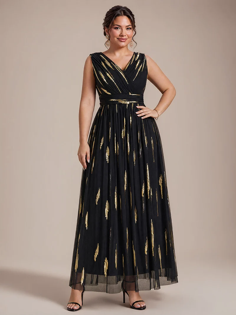 Robe de soirée grande taille en tulle, drapé 3D et sequins