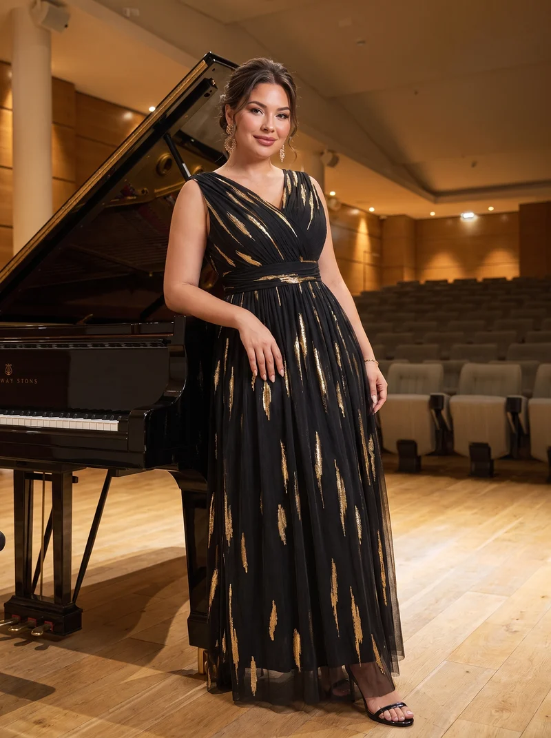 Robe de soirée grande taille en tulle, drapé 3D et sequins