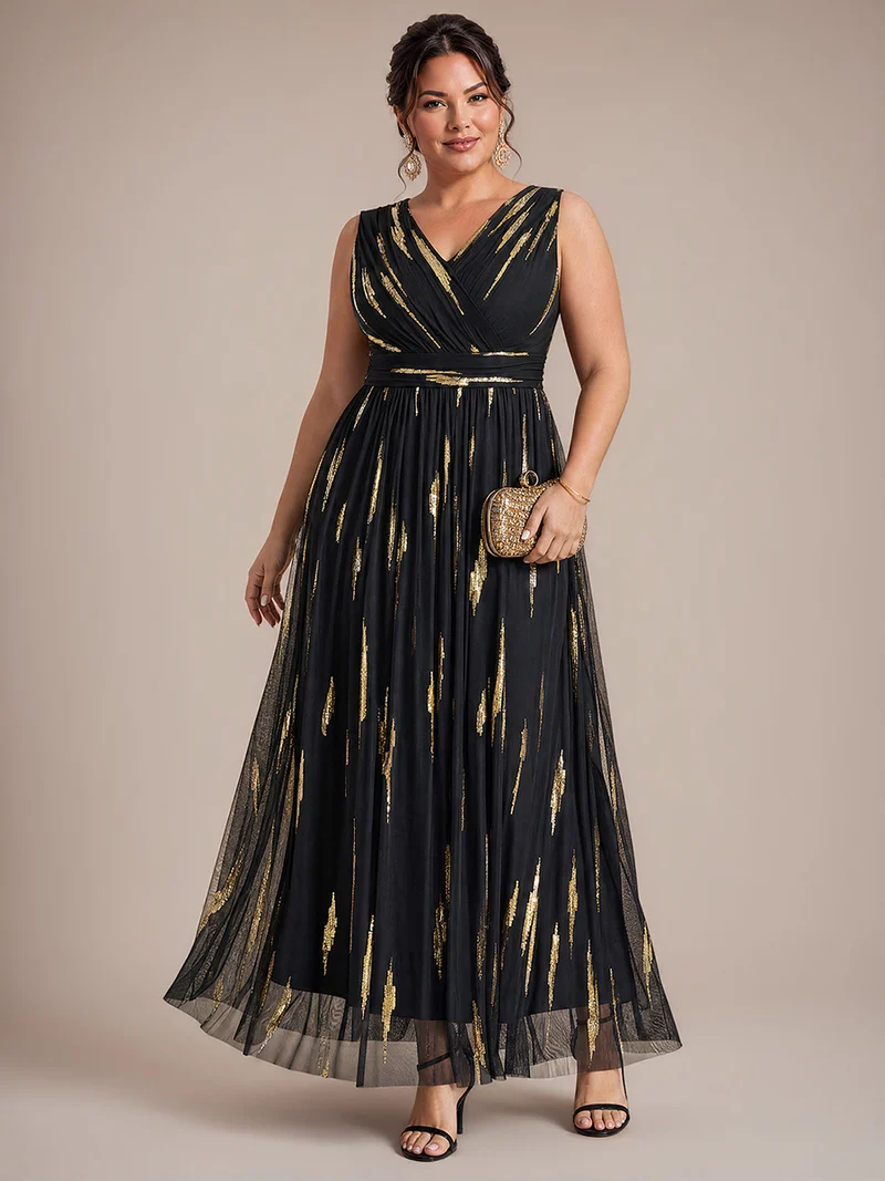 Robe longue sans manches en tulle à paillettes drapé
