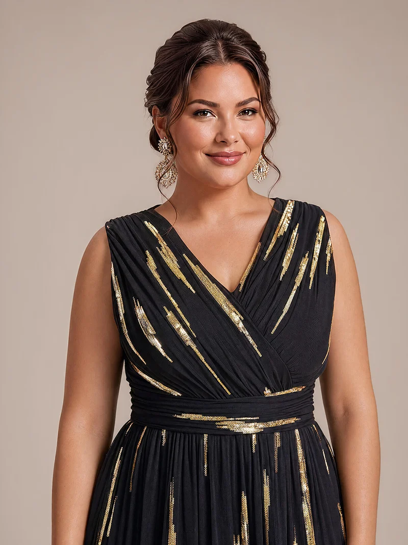 Robe longue sans manches en tulle à paillettes drapé