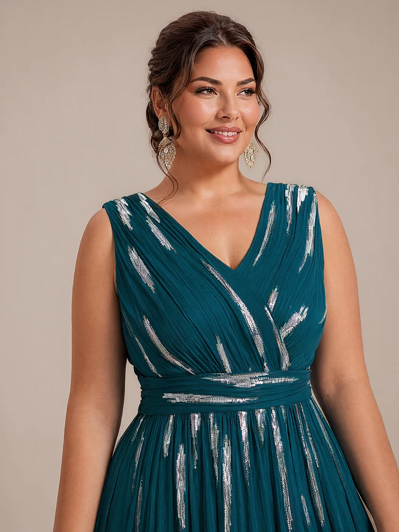 Robe longue sans manches en tulle à paillettes drapé