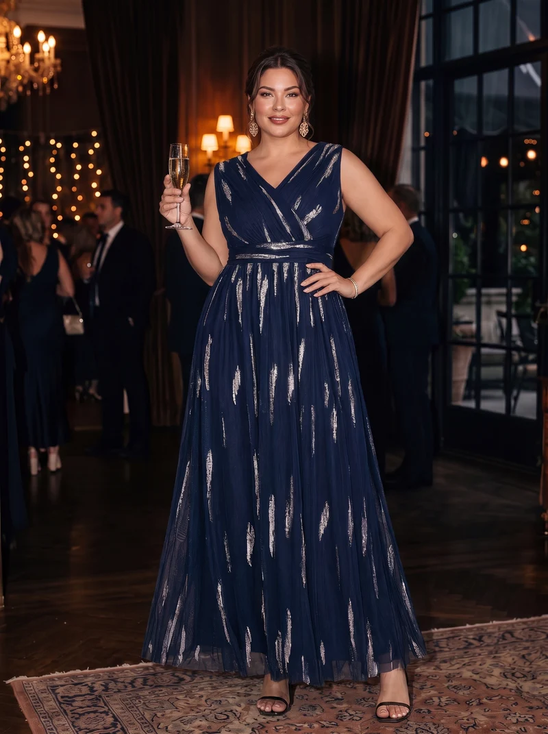 Robe de soirée grande taille en tulle, drapé 3D et sequins