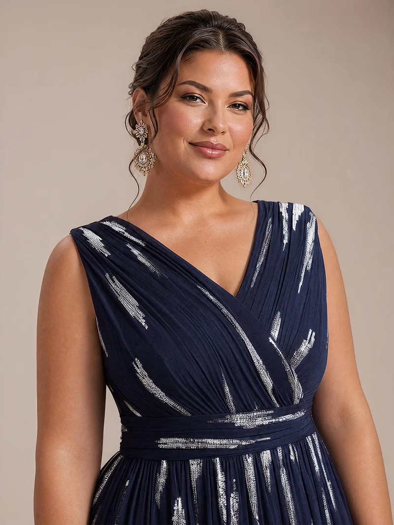 Robe longue sans manches en tulle à paillettes drapé
