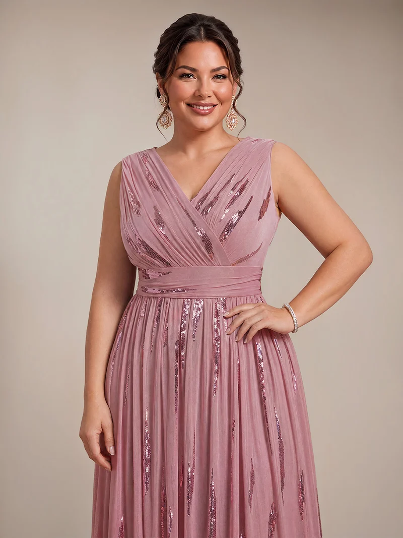 Robe longue sans manches en tulle à paillettes drapé