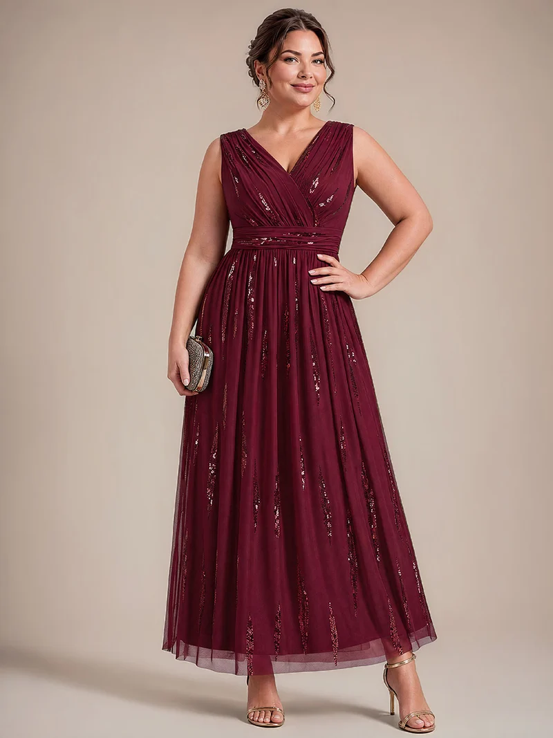 Robe longue sans manches en tulle à paillettes drapé