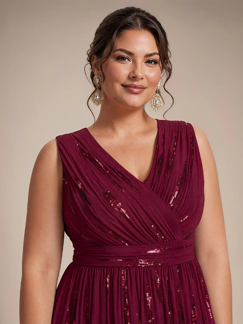 Robe longue sans manches en tulle à paillettes drapé