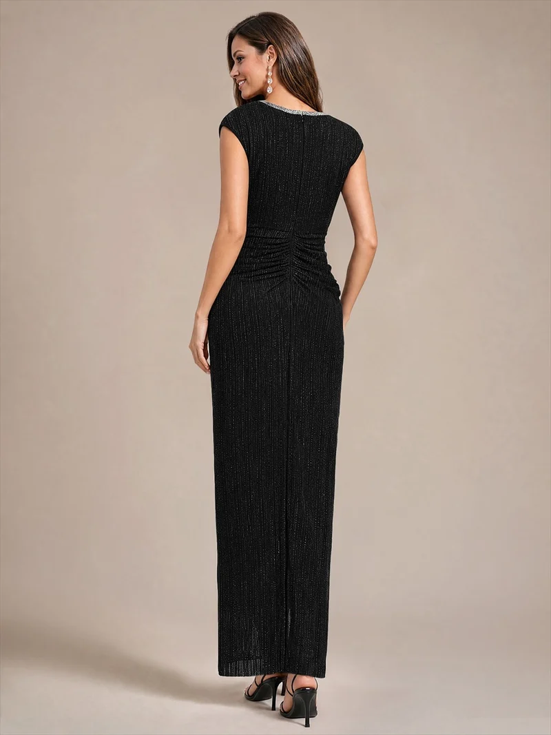 Robe de soirée longue en tulle, col V et manches courtes