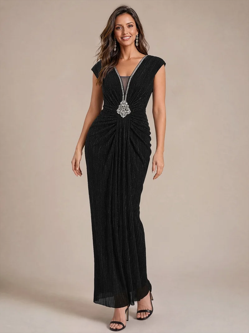 Robe de soirée longue en tulle, col V et manches courtes