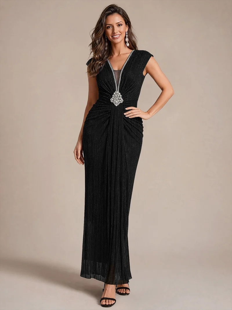 Robe de soirée longue en tulle, col V et manches courtes