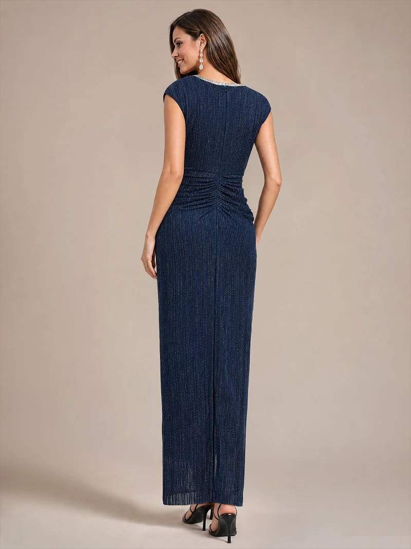 Robe de soirée longue en tulle, col V et manches courtes