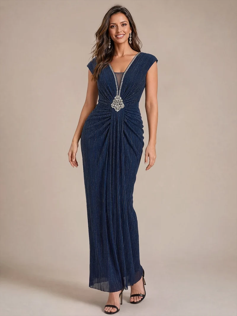 Robe de soirée longue en tulle, col V et manches courtes