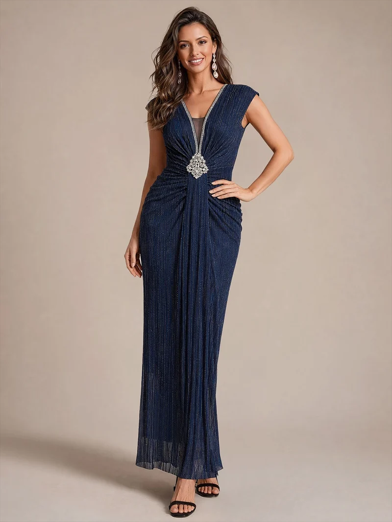 Robe de soirée longue en tulle, col V et manches courtes