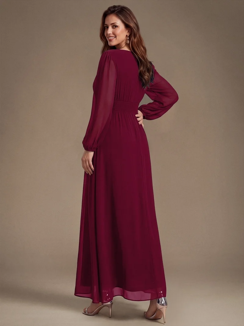 Robe longue de demoiselle d'honneur en mousseline, manches bouffantes et taille à paillettes