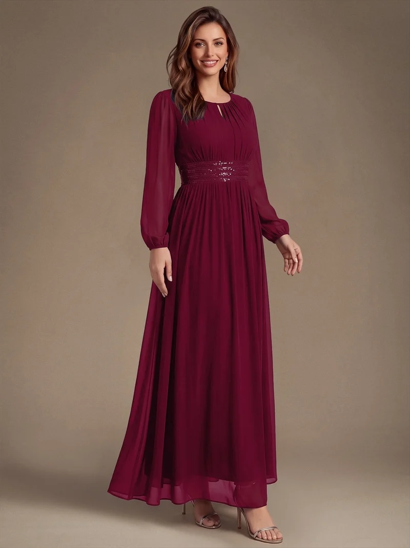 Robe longue de demoiselle d'honneur en mousseline, manches bouffantes et taille à paillettes