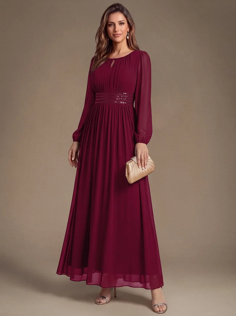 Robe longue de demoiselle d'honneur en mousseline, manches bouffantes et taille à paillettes