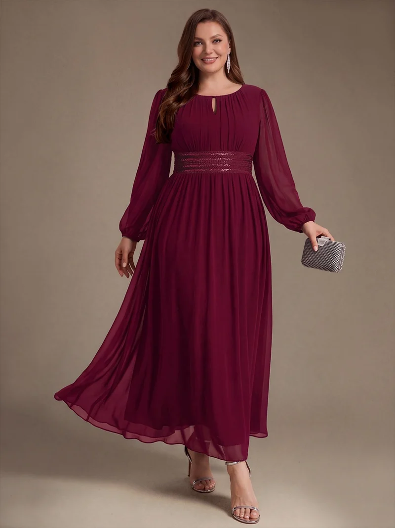 Robe longue de demoiselle d'honneur en mousseline, manches bouffantes et taille à paillettes