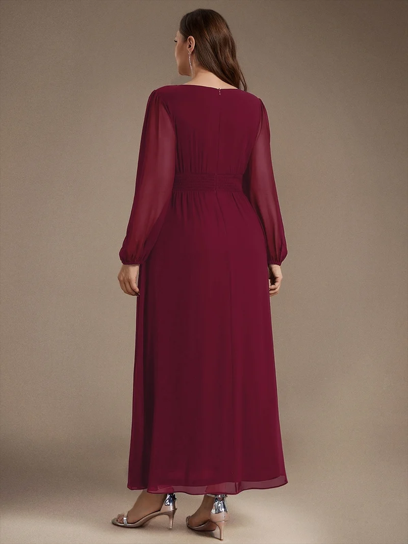 Robe longue de demoiselle d'honneur en mousseline, manches bouffantes et taille à paillettes
