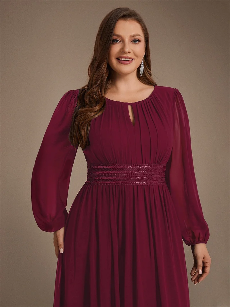 Robe longue de demoiselle d'honneur en mousseline, manches bouffantes et taille à paillettes