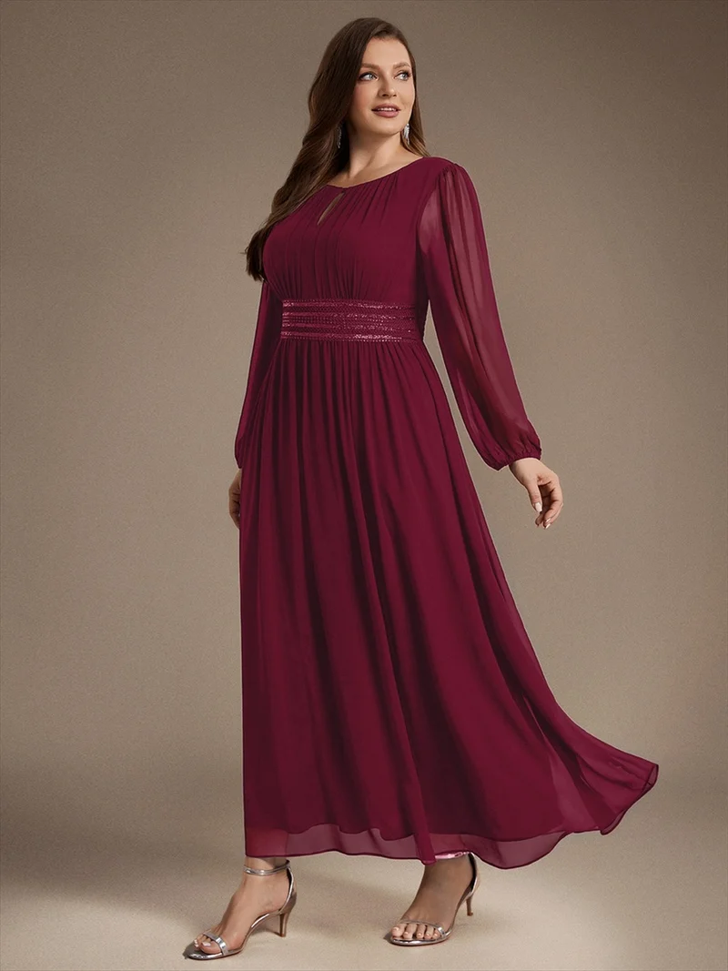 Robe longue de demoiselle d'honneur en mousseline, manches bouffantes et taille à paillettes