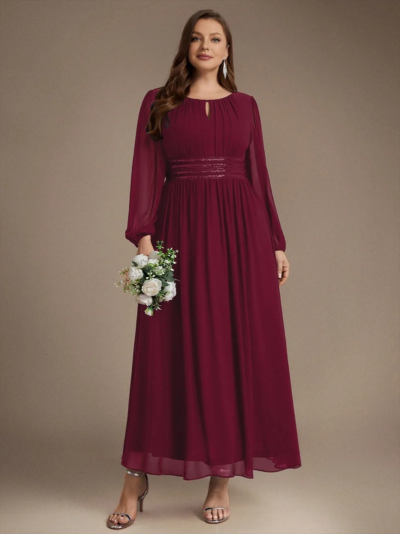 Robe longue de demoiselle d'honneur en mousseline, manches bouffantes et taille à paillettes