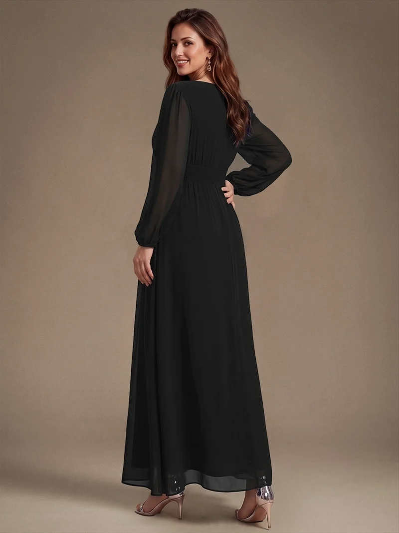 Robe longue de demoiselle d'honneur en mousseline, manches bouffantes et taille à paillettes