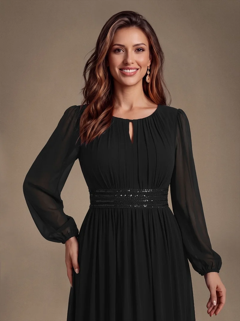 Robe longue de demoiselle d'honneur en mousseline, manches bouffantes et taille à paillettes