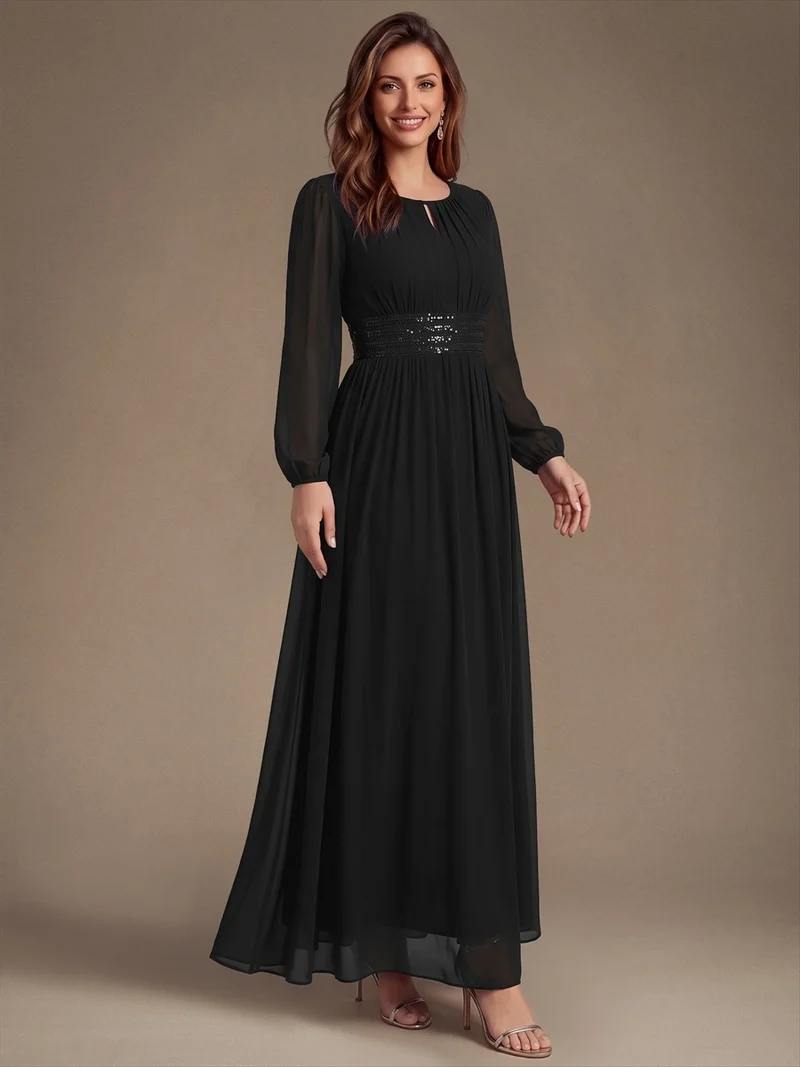Robe longue de demoiselle d'honneur en mousseline, manches bouffantes et taille à paillettes
