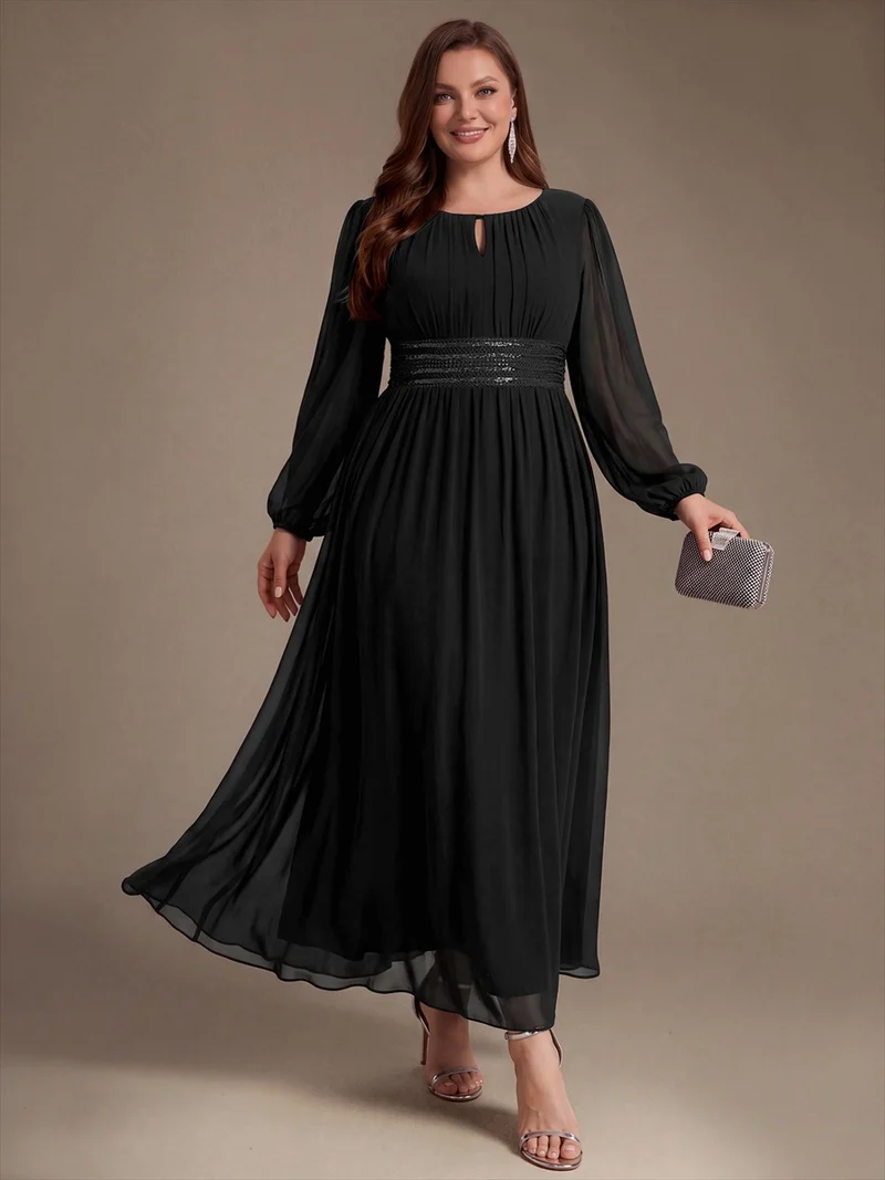 Robe longue de demoiselle d'honneur en mousseline, manches bouffantes et taille à paillettes