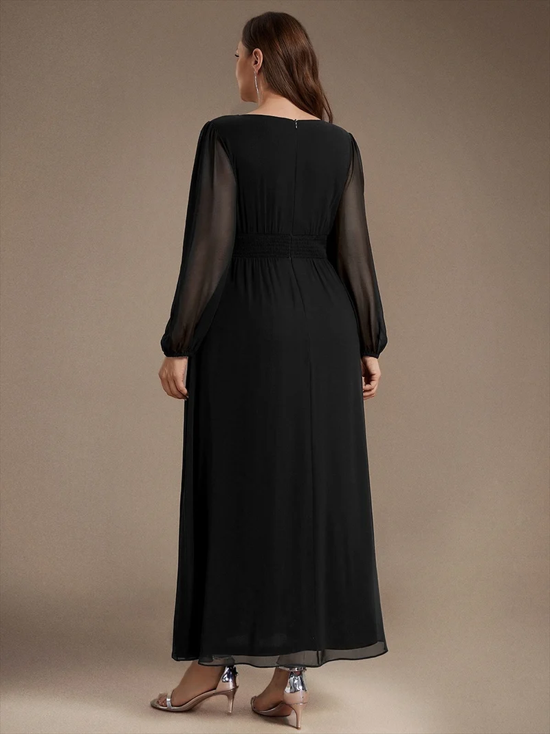 Robe longue de demoiselle d'honneur en mousseline, manches bouffantes et taille à paillettes