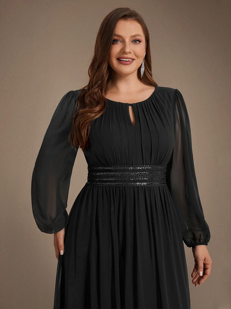 Robe longue de demoiselle d'honneur en mousseline, manches bouffantes et taille à paillettes
