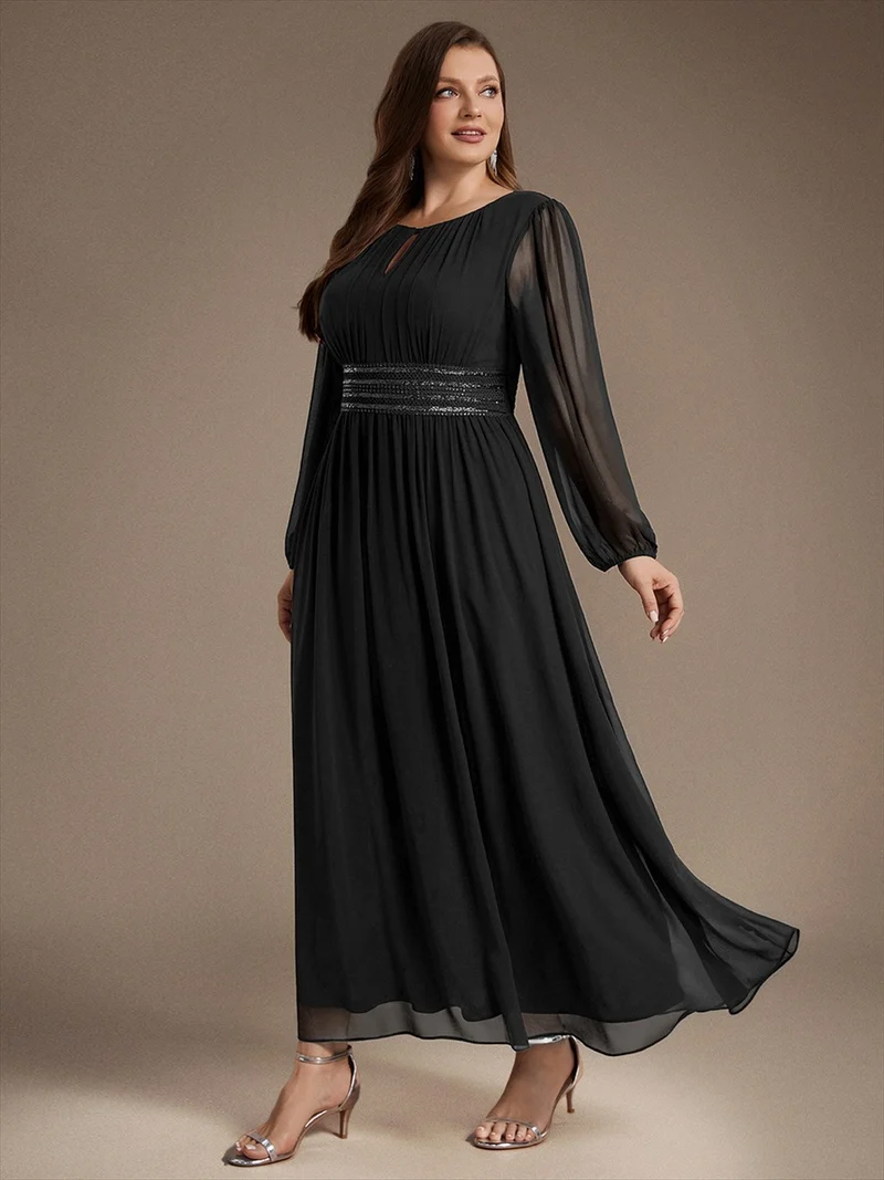 Robe longue de demoiselle d'honneur en mousseline, manches bouffantes et taille à paillettes