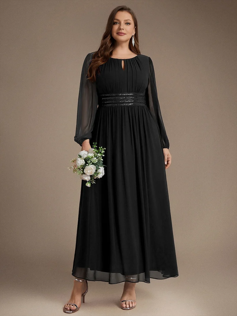 Robe longue de demoiselle d'honneur en mousseline, manches bouffantes et taille à paillettes