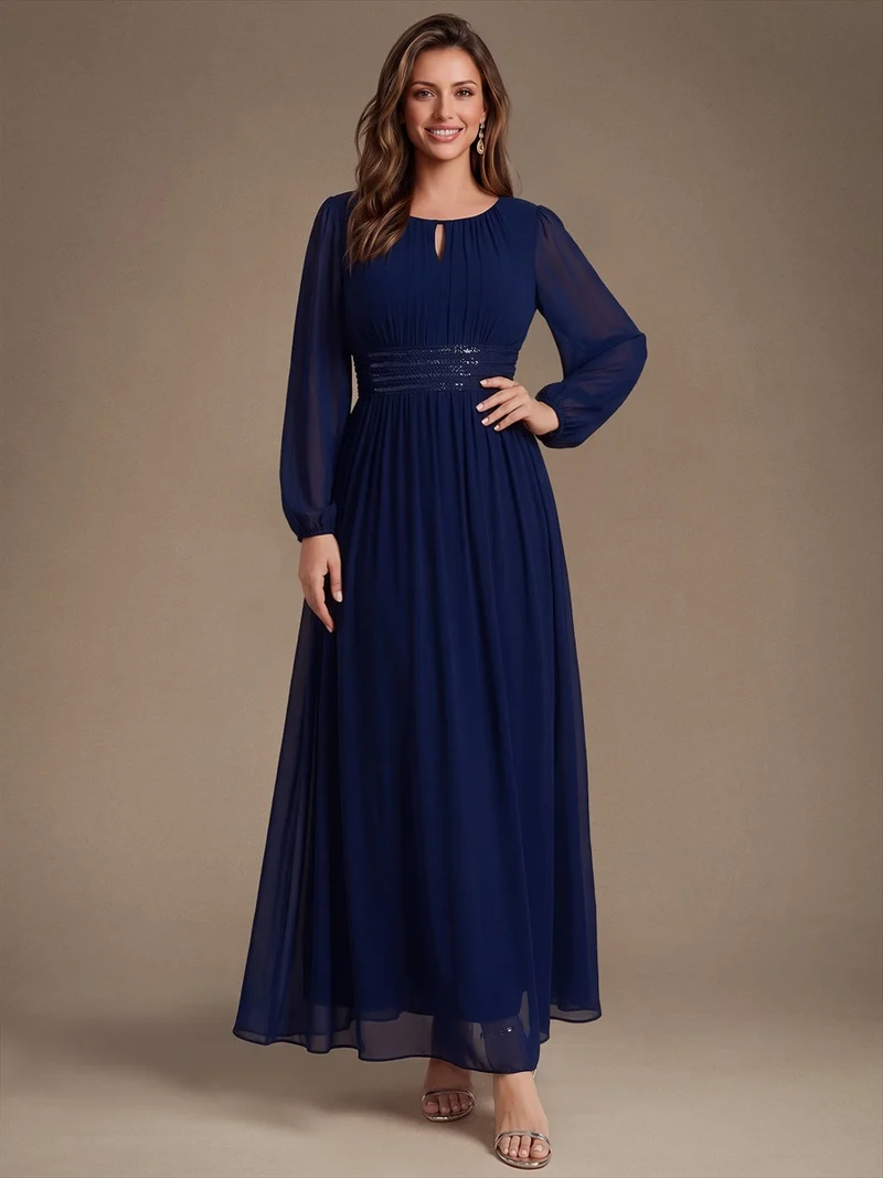 Robe longue de demoiselle d'honneur en mousseline, manches bouffantes et taille à paillettes