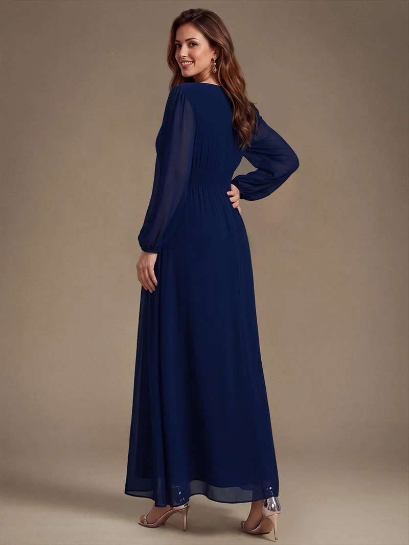 Robe longue de demoiselle d'honneur en mousseline, manches bouffantes et taille à paillettes