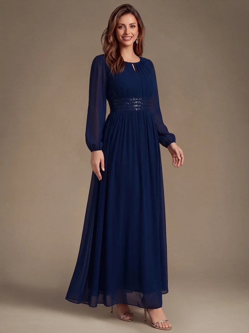 Robe longue de demoiselle d'honneur en mousseline, manches bouffantes et taille à paillettes