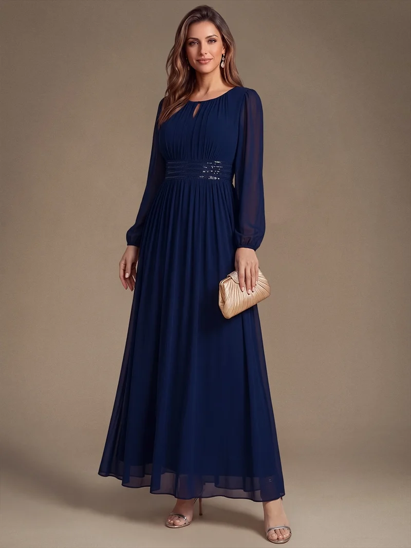 Robe longue de demoiselle d'honneur en mousseline, manches bouffantes et taille à paillettes