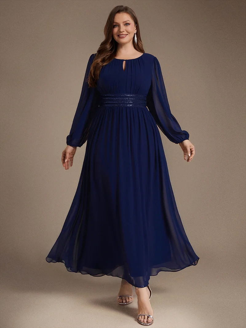 Robe longue de demoiselle d'honneur en mousseline, manches bouffantes et taille à paillettes