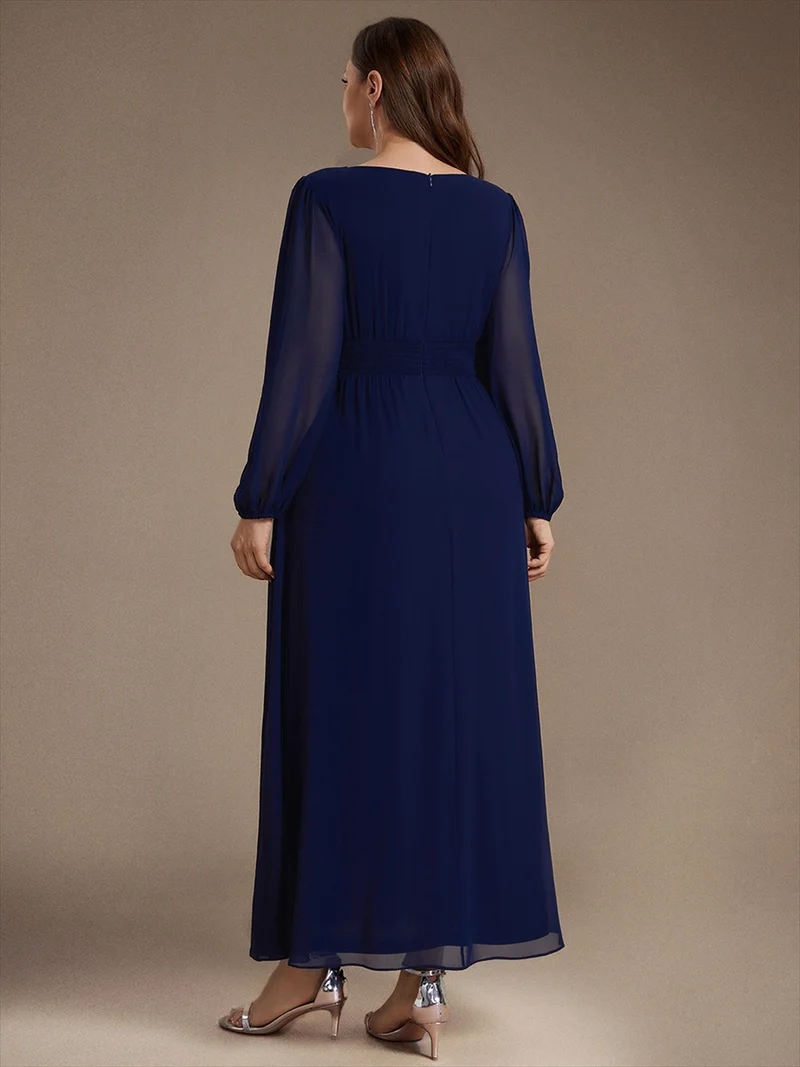 Robe longue de demoiselle d'honneur en mousseline, manches bouffantes et taille à paillettes