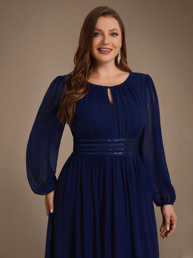 Robe longue de demoiselle d'honneur en mousseline, manches bouffantes et taille à paillettes