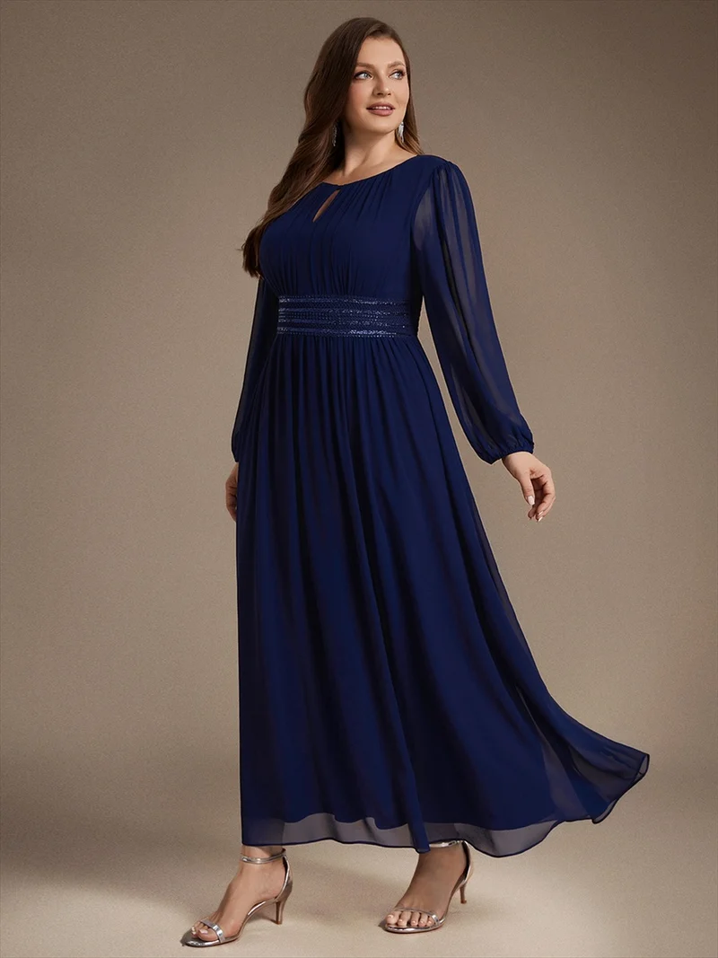 Robe longue de demoiselle d'honneur en mousseline, manches bouffantes et taille à paillettes