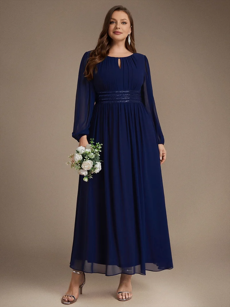 Robe longue de demoiselle d'honneur en mousseline, manches bouffantes et taille à paillettes