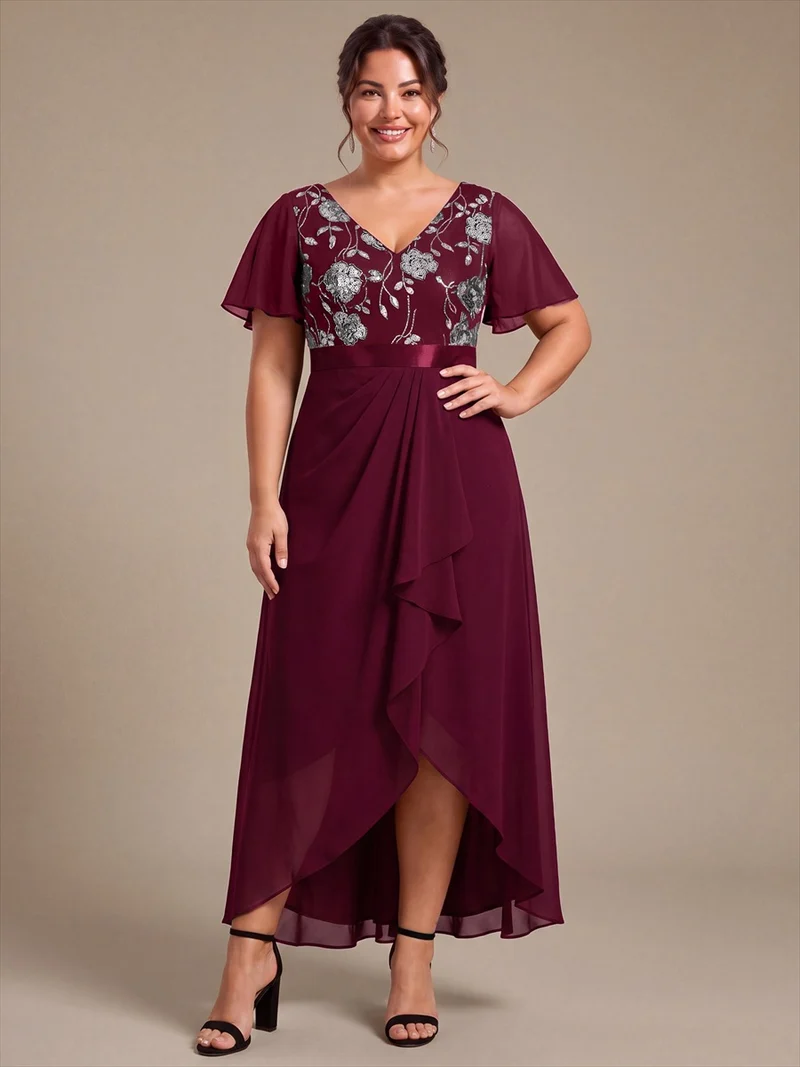 Robe longue de mère de la mariée en mousseline à paillettes, col V et ourlet asymétrique