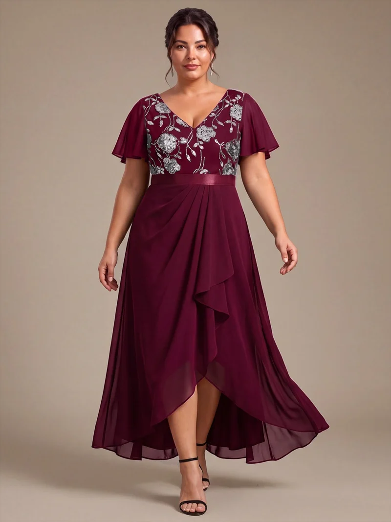Robe longue de mère de la mariée en mousseline à paillettes, col V et ourlet asymétrique